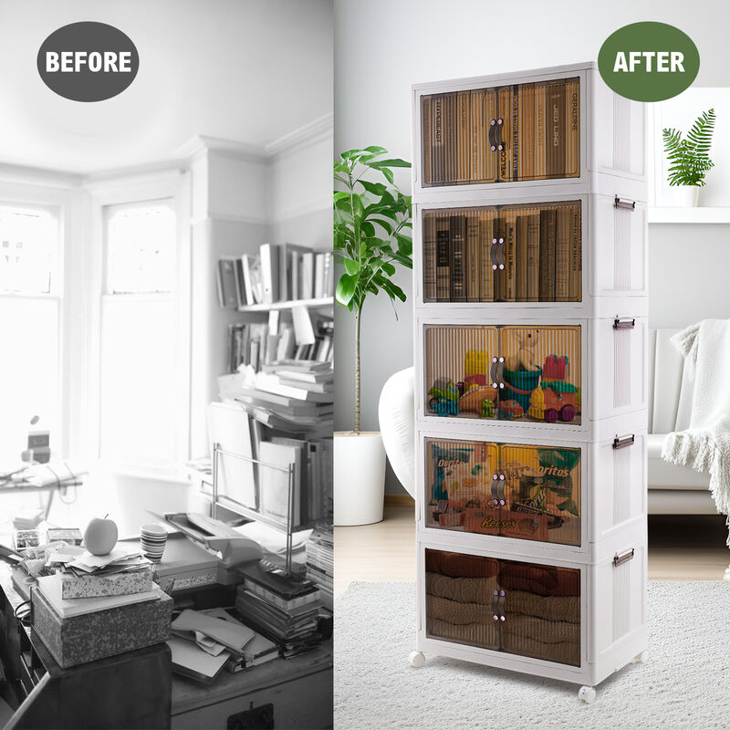 Mega Casa Stackable Foldable Storage Bins with Lids and Wheels 5 Tier (Set of 5)