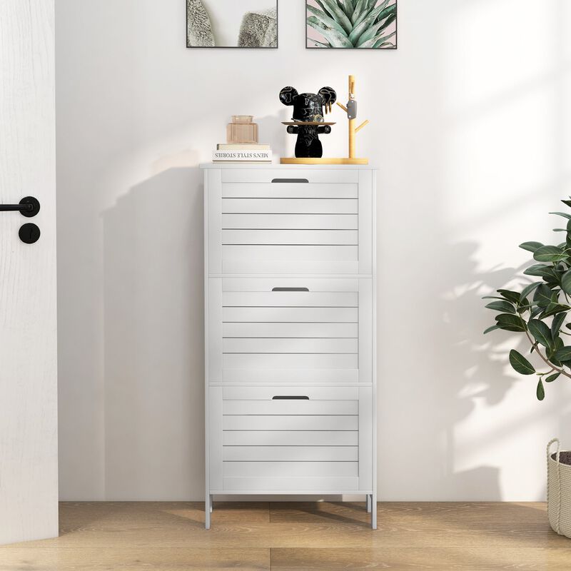 White Modern Shoe Cabinet: 3 Flip Drawers, 6-Pair Capacity