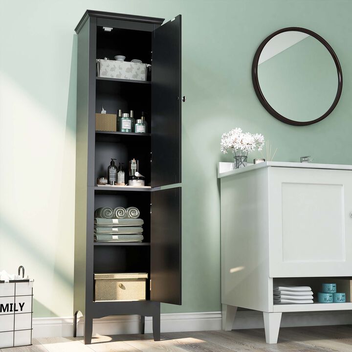 Costway Tall Bathroom Floor Cabinet Narrow Linen Tower with 2 Doors & Adjustable Shelf Grey