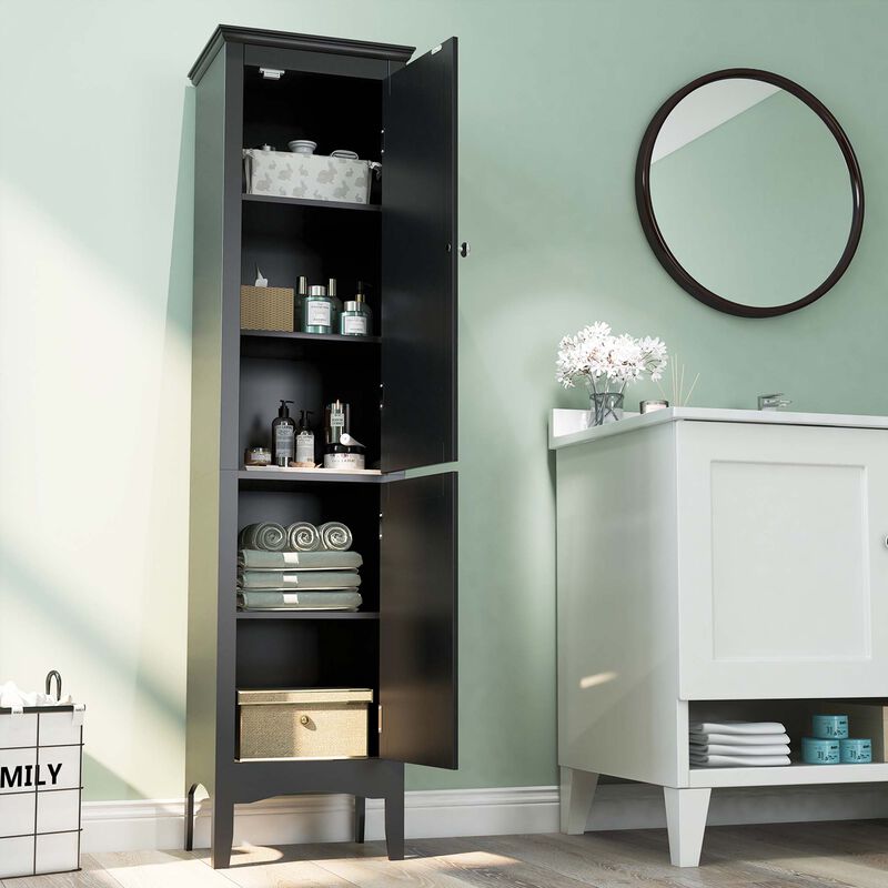 Costway Tall Bathroom Floor Cabinet Narrow Linen Tower with 2 Doors & Adjustable Shelf Grey