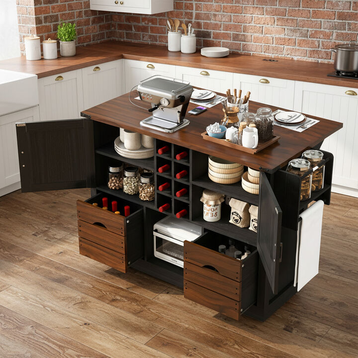 Whisen 54" Farmhouse Kitchen Island with 2 Drawers, Power Outlet & Adjustable Shelves, MDF for Kitchen & Dining