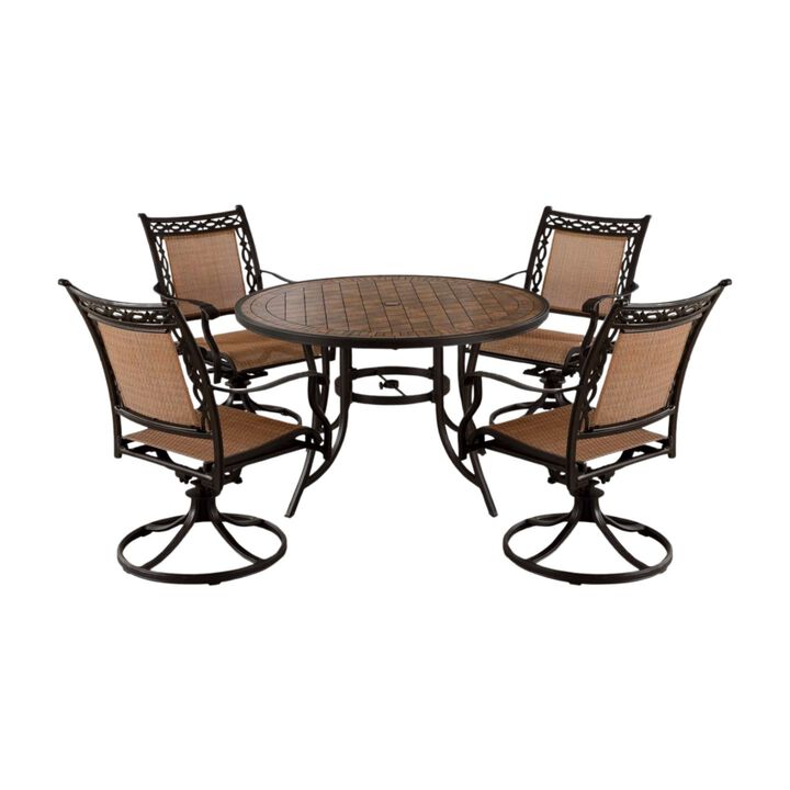 Mondawe 5-piece Cast Aluminum Patio Dining Set with 4 Sling Swivel Chair and One 48 inch Ceramic Tile Top Table