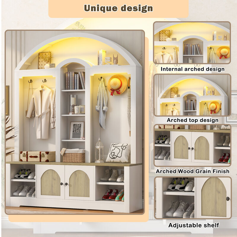 Merax Curved Two-Tone Hall Cabinet with Hooks, Shelves & Shoe Storage &ndash; Scandinavian Design image number 5