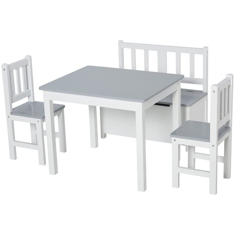 4-Piece Set Kids Wood Table Chair Bench with Storage Function Easy to Clean Gift for Girls Boys Toddlers Age 3 Years up Grey and White