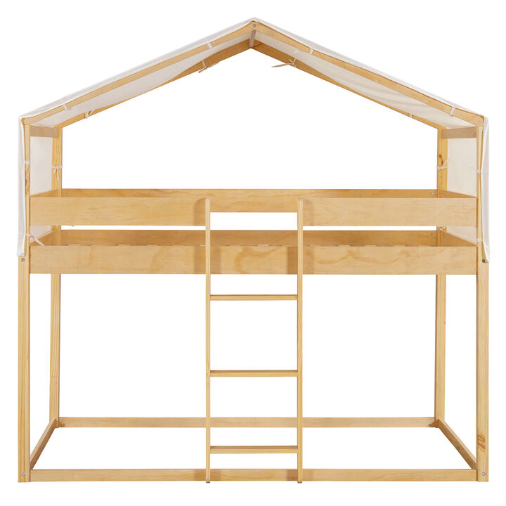 Whisen Twin Over Twin Wood Bunk Bed with Tent, Solid Wood House Design Lounge Bed with Semi-Enclosed Play Space for Kids Bedroom