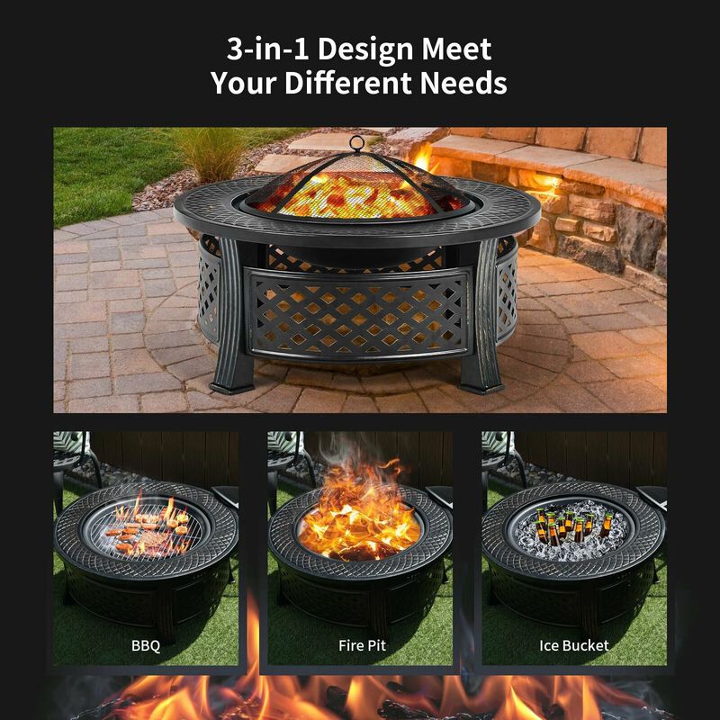 Mondawe 32" Fire Pit & BBQ Grill - 3-in-1 Outdoor Fire Bowl