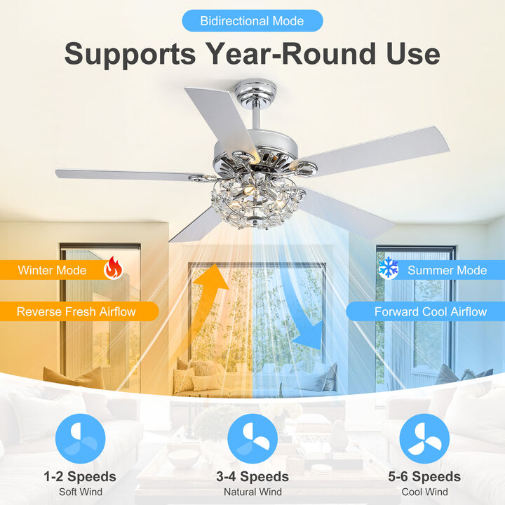 Breezary 52" Ceiling Fan with Light, 5 Blade, 6-Speed DC Motor, Quiet Downrod Mount, Timer, Remote Control