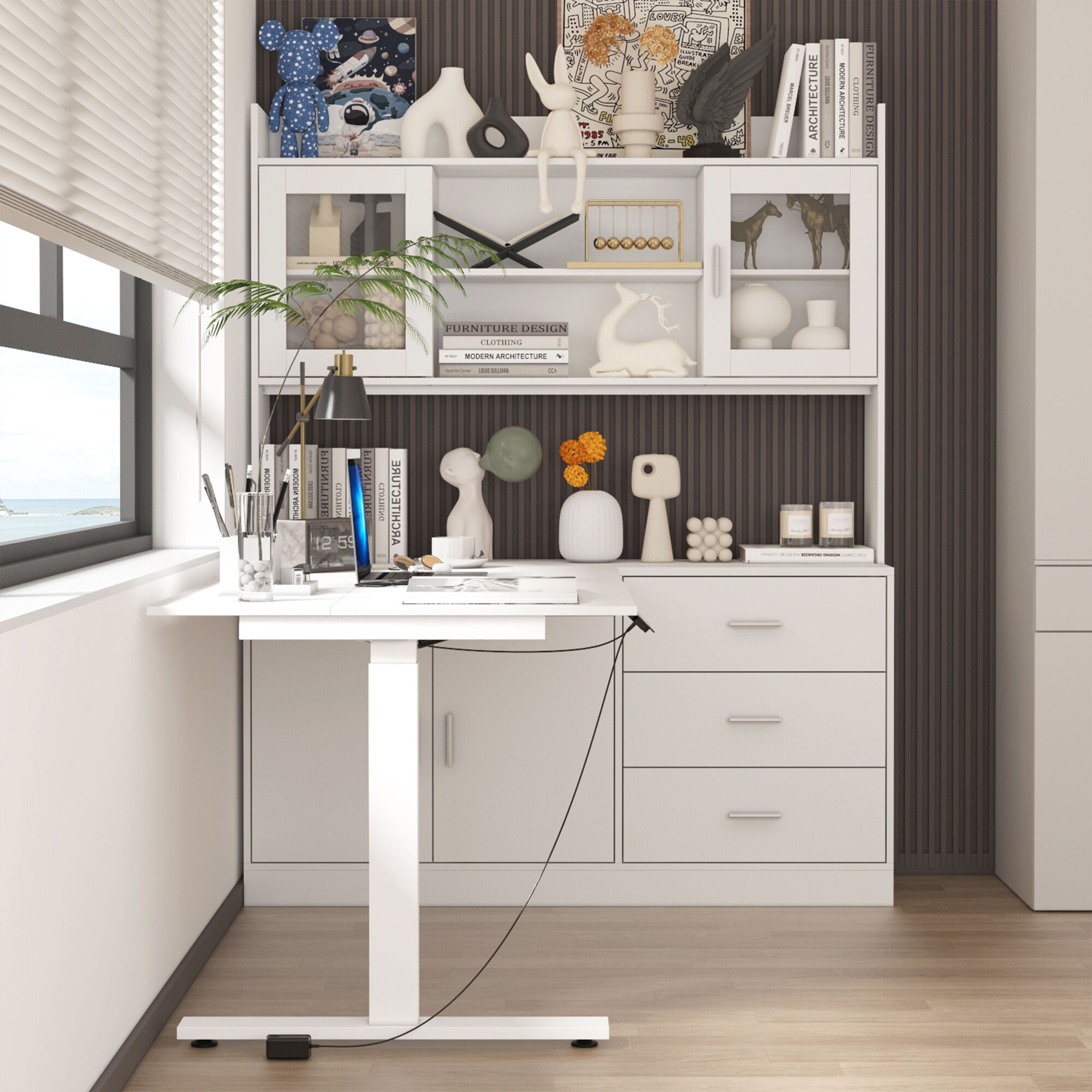 FUFU&GAGA White Height-Adjustable Desk with Storage Cabinet, P2
