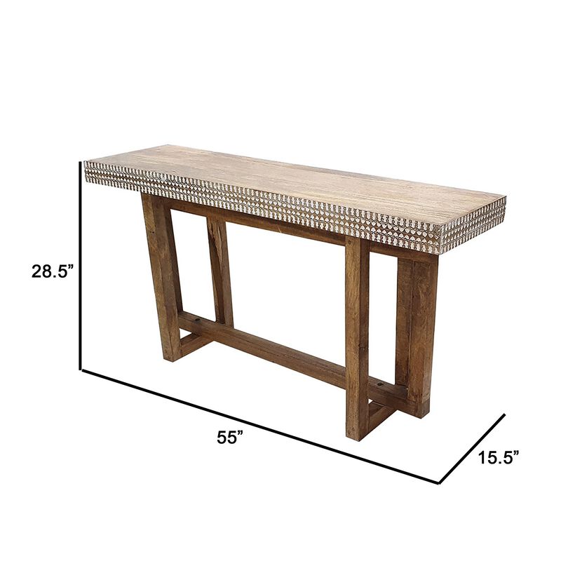55 Inch Console Sideboard Sofa Table, Hand Carved Wood Apron, Classic Brown image number 4