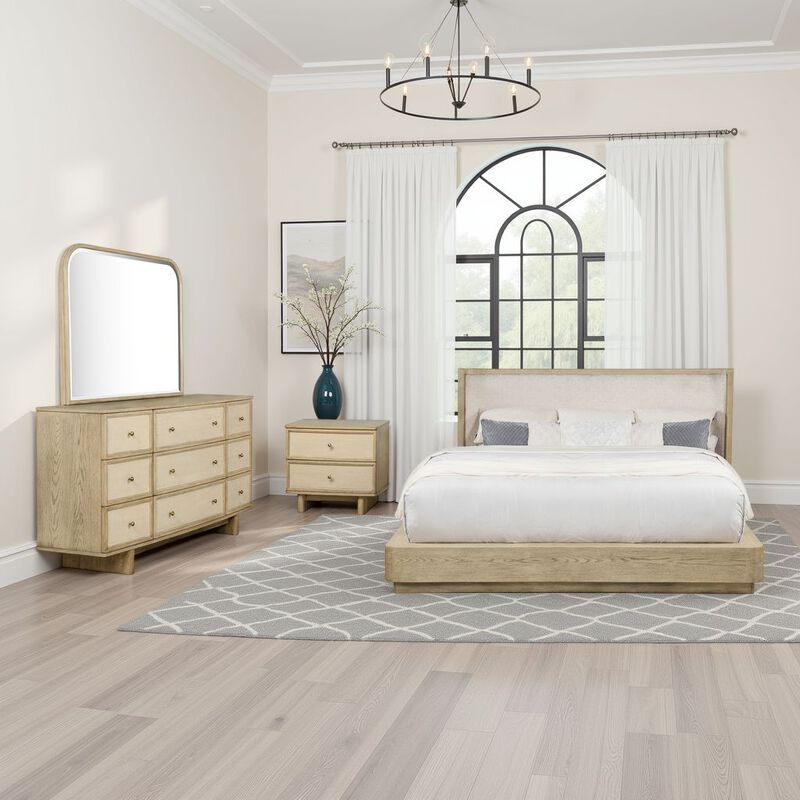 Lno 4pc Queen Bedroom Set, Resin Cane, Beige Wood, Beige Upholstery