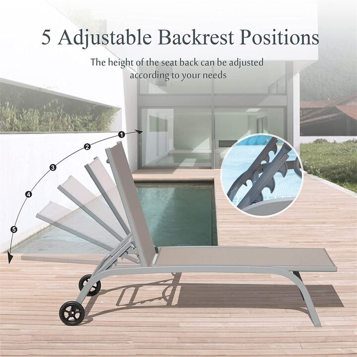CLIHOME 2 Pieces Outdoor Patio Aluminum Pool Lounge Chairs Set,Textilene Sunbathing Recliner with Adjustable Backrest & Wheels