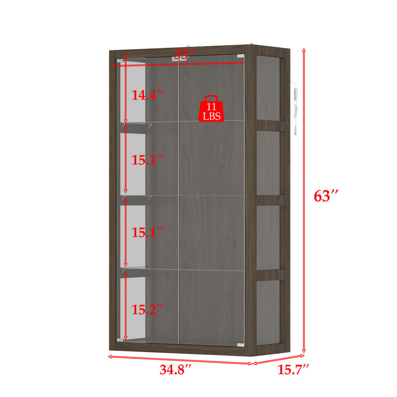 FUFU&GAGA Walnut Grain Glass Display Cabinet with Adjustable Tricolor LED Light, 4 Tempered Glass Shelves, Push-to-Open Door - 34.8" W x 15.7" D x 63" H, Walnut Brown