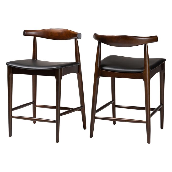 Baxton Studio Eira Counter Stool Set of 2- Walnut Wood Frame Counter-height Chair with Curved Backrest and Black Faux Leather Seat, Mid-Century Modern Kitchen Island Seating