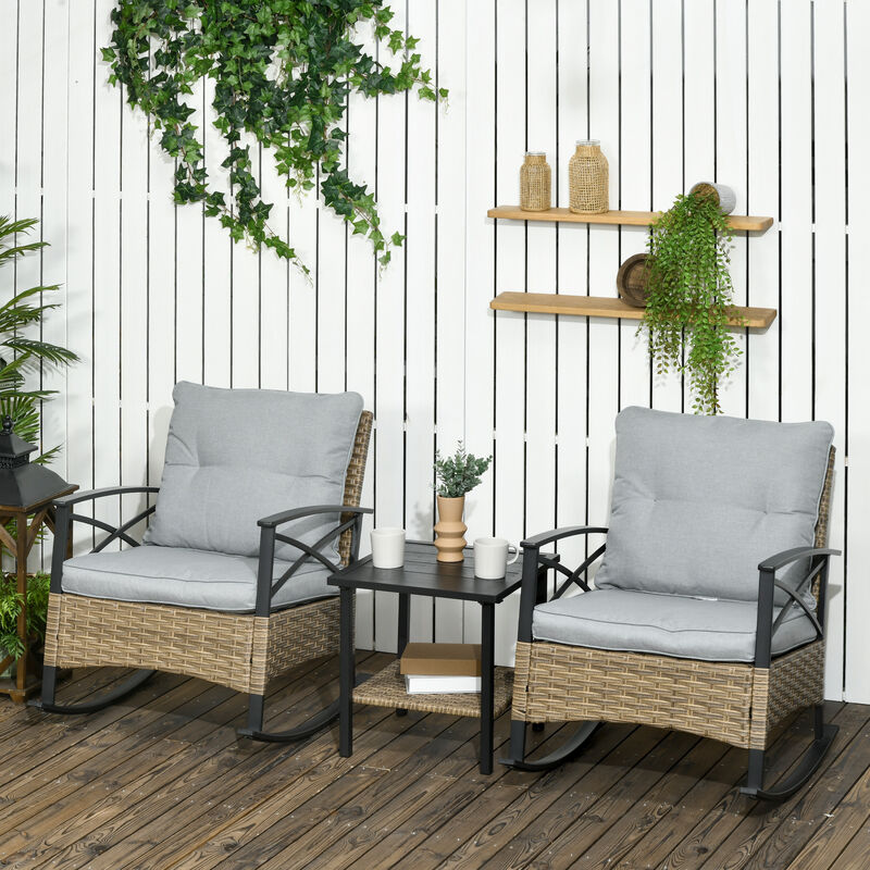 Outsunny 3 Piece Patio Rocking Chair Set, Outdoor Wicker Bistro Set with 2 Cushioned Porch Rockers, 2 Tier Coffee Table, for Gaden, Patio, Light Gray