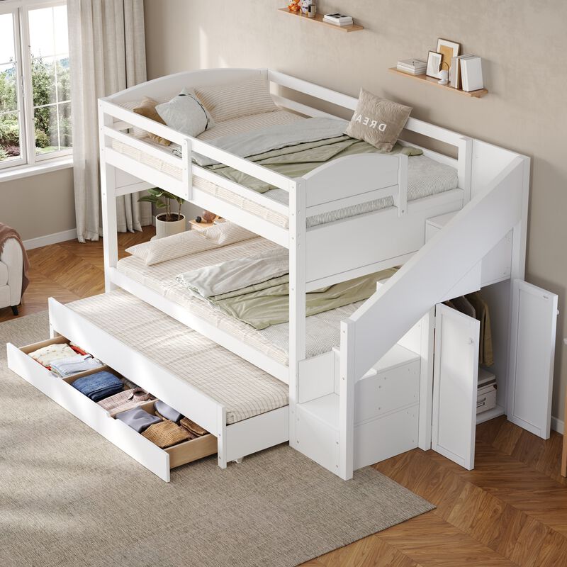Merax Twin XL White Bunk Bed with Trundle, Storage Staircase, Drawers & Wardrobe image number 2