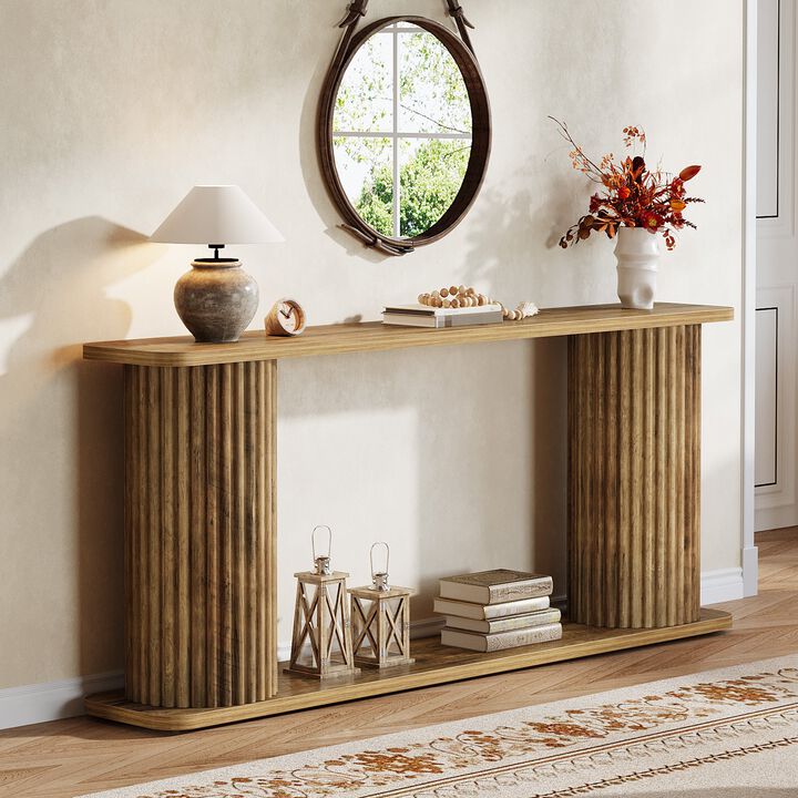 Mid-Century Modern Sofa Console Table, 2-Tier Entryway Table-Brown
