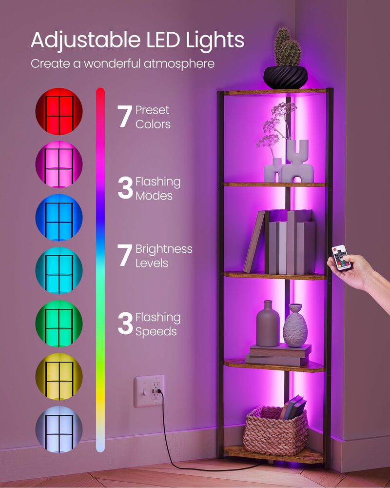 5-Tier Corner Display Shelf with LED Lights Storage Unit for Books, Plants, Frames & Collectibles