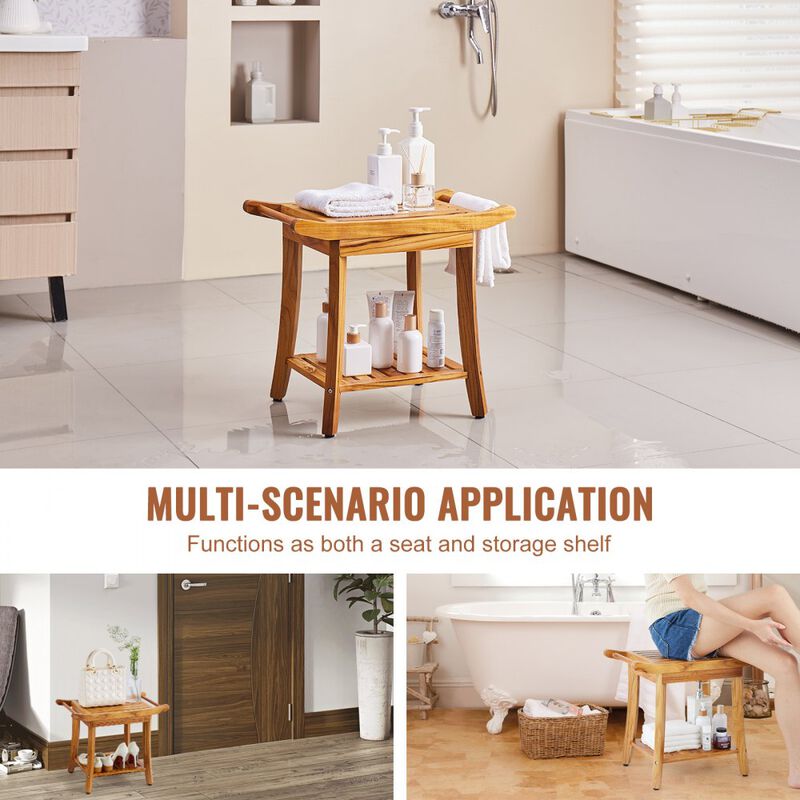 Waterproof Teak Shower Stool with Storage Shelf, Handle and Non Slip Feet-Natural image number 4