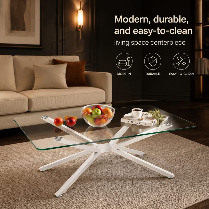 GOODSILO Rectangular Tempered Glass Coffee Table with Metal Legs, Adjustable Feet for Living Room and Office Use image number 4