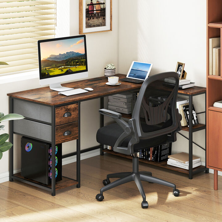 Corner L Shaped Computer Desk with Charging Station and Fabric Storage Drawers