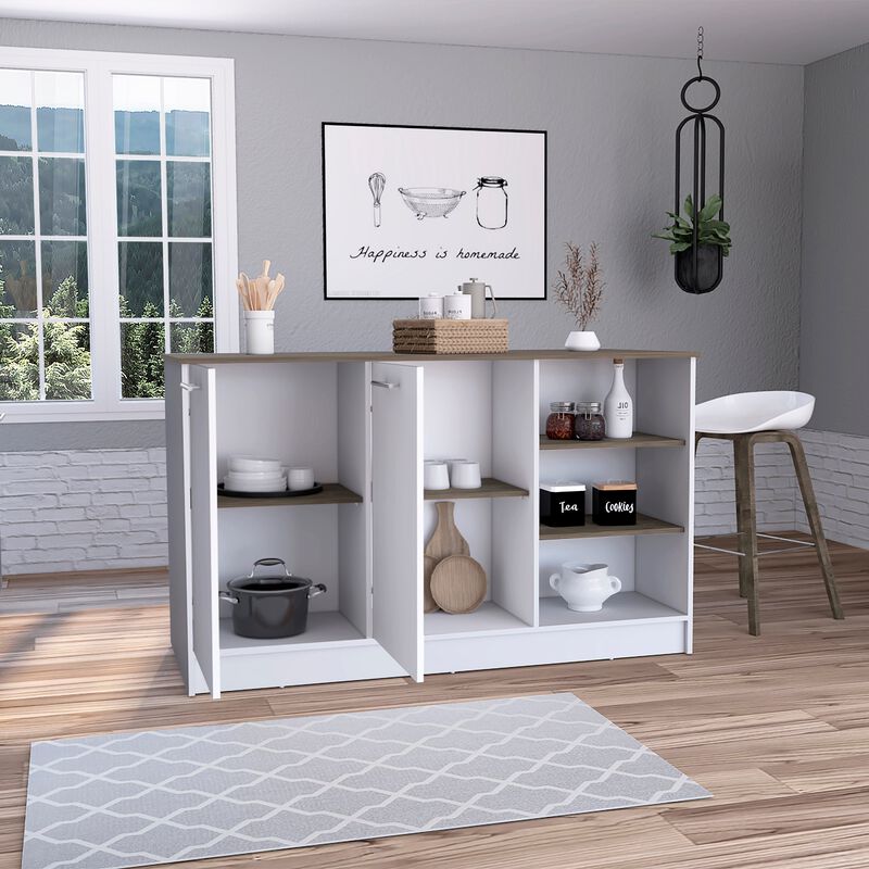 Ginger Kitchen & Dining room Island, Three Open Shelves, Two Cabinets -White / Dark Brown
