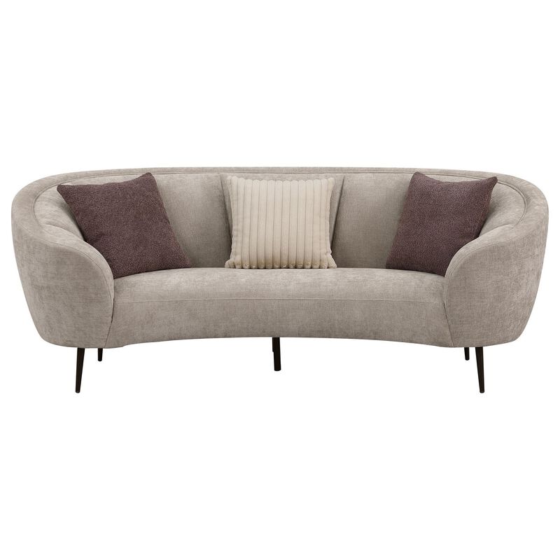 Zui Curved Sofa, 92 Inch, Beige Fabric, Round Design, 3 Accent Pillows - Benzara