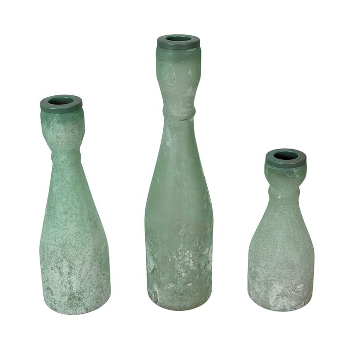 Set Of 3 Frosted Green Glass Taper Candle Holders 10 In Tall Tabletop