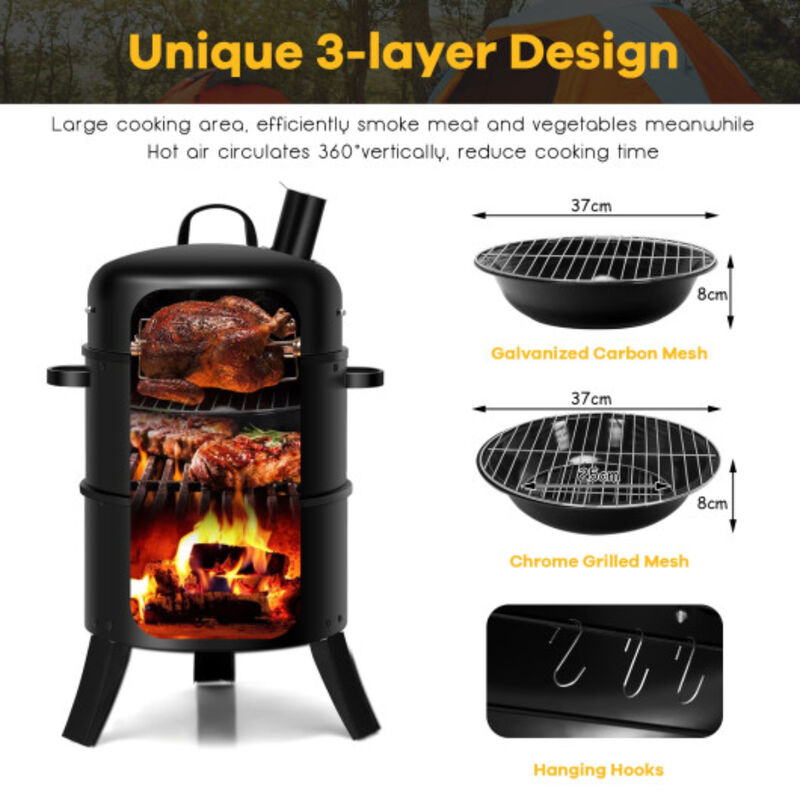 3-in-1 Portable Round Charcoal Smoker BBQ Grill Built-in Thermometer