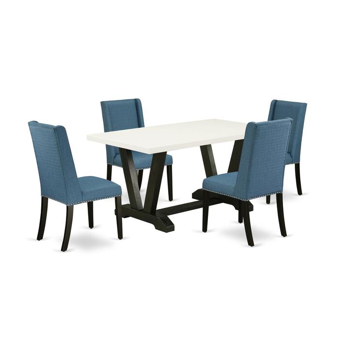 East West Furniture V626FL121-5 5-Piece Stylish Dinette Set an Excellent Linen White dining table Top and 4 Excellent Linen Fabric Dining Chairs with Nail Heads and Stylish Chair Back, Wire Brushed Bl