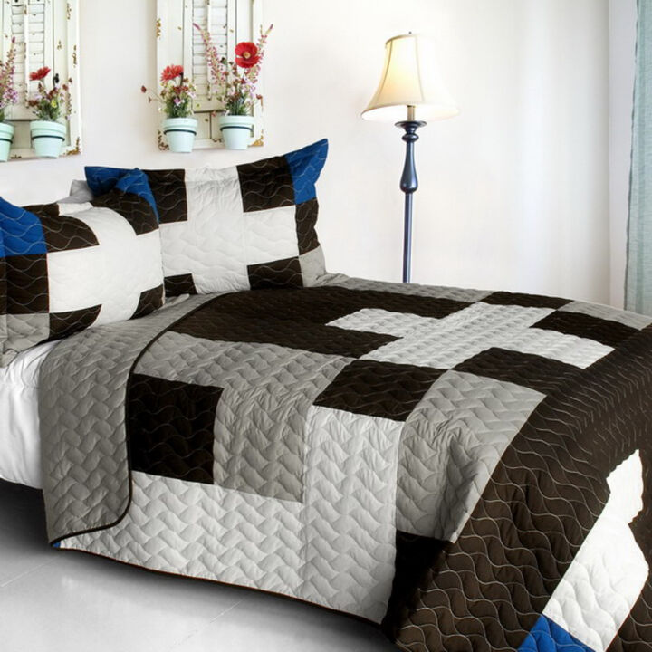 Geometric Patchwork Quilt Set Queen Size with Vermicelli Quilted Design-Grey