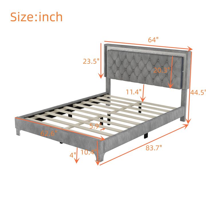 Queen Size Upholstered Bed Frame with LED Lights, Modern Velvet Platform Bed with Tufted Headboard, Gray