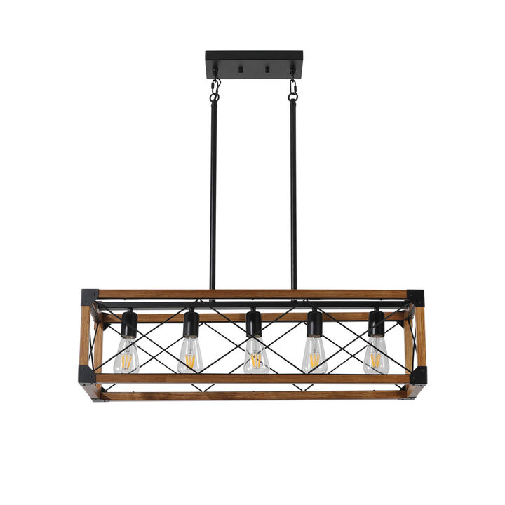 ELEMENT ACE Industrial Farmhouse 5-Light Rectangle Pendant Light Adjustable Hanging Height Chandelier for Dining Room Kitchen Island Cafe Living Room Entryway Bar Decor