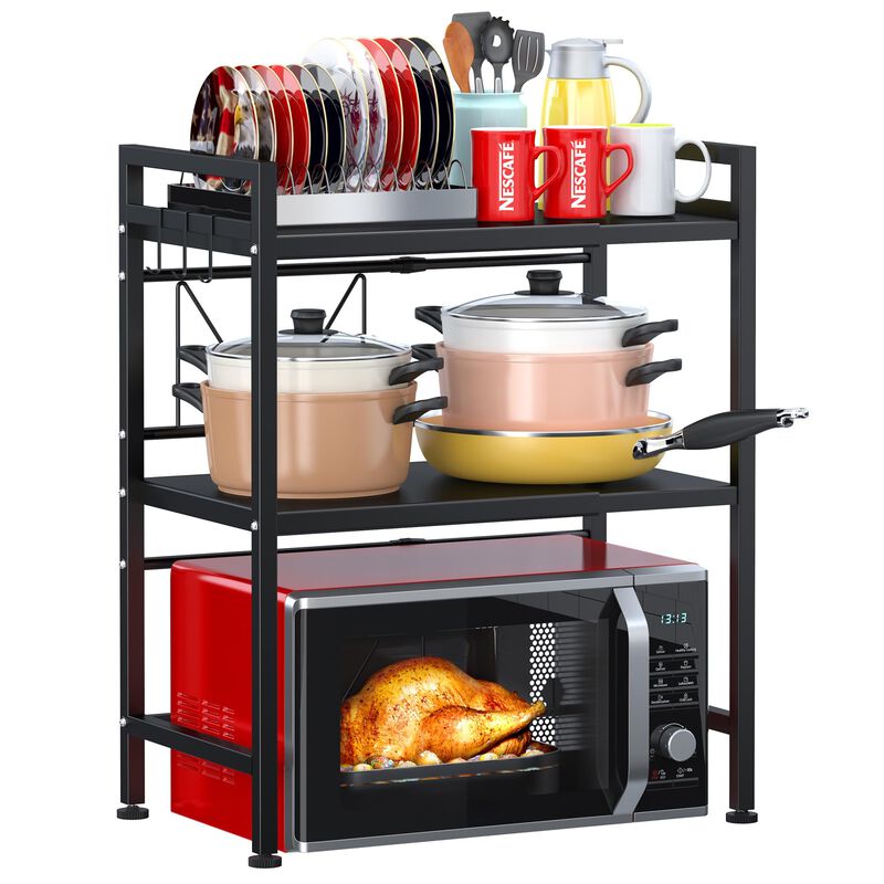 PUSDON Microwave Oven Rack, Adjustable Heavy Duty 3-Tier Shelf with 3 Hooks for Kitchen Counter Top Organizer, Holds 160lbs, Bla