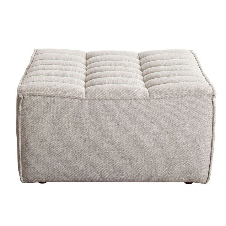 Ema Ottoman, Sand Beige Fabric, 31 Inch, Scooped Seat w Grid Tufting