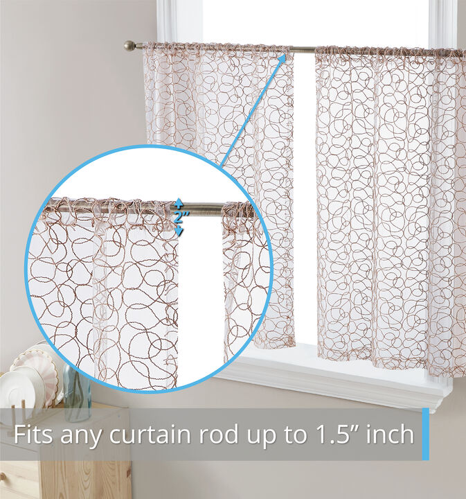 THD Francine Embroidered Sheer Voile Window Curtain Short Rod Pocket Tiers for Kitchen, Bedroom, Small Windows and Bathroom, Set of 2