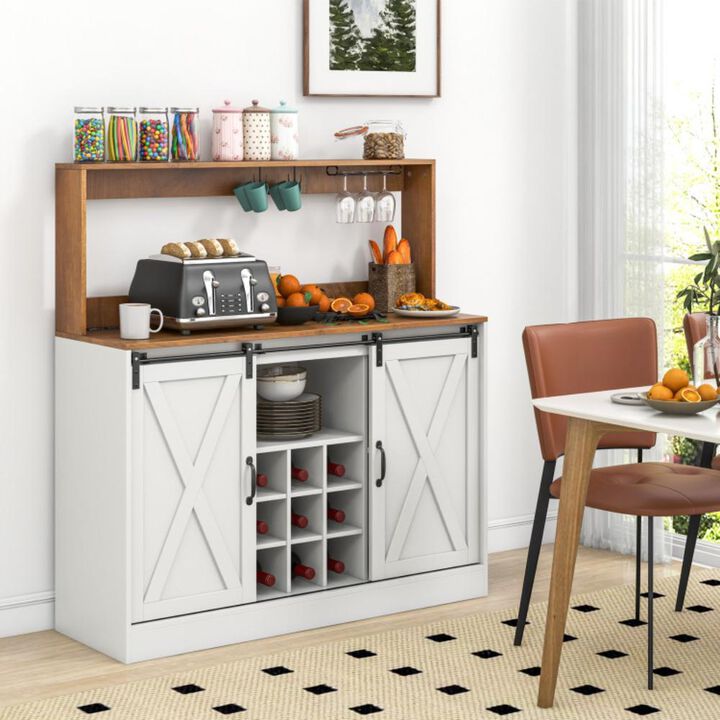 Hivvago Farmhouse Coffee Bar Cabinet with Charging Station and Sliding Barn Doors