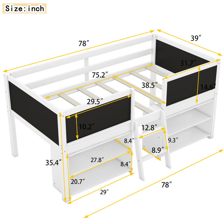 Twin Size Low Loft Bed with Two Movable Shelves and Ladder, with Decorative Guardrail Chalkboard, White