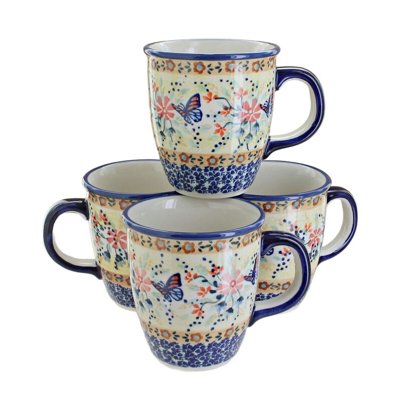 Blue Rose Polish Pottery Green Daisy 4 Piece Mug Set