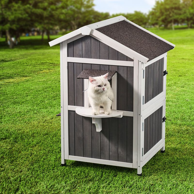 Outdoor Cat House 2-story Wooden Feral Cat Shelter with Roof & Door Flaps