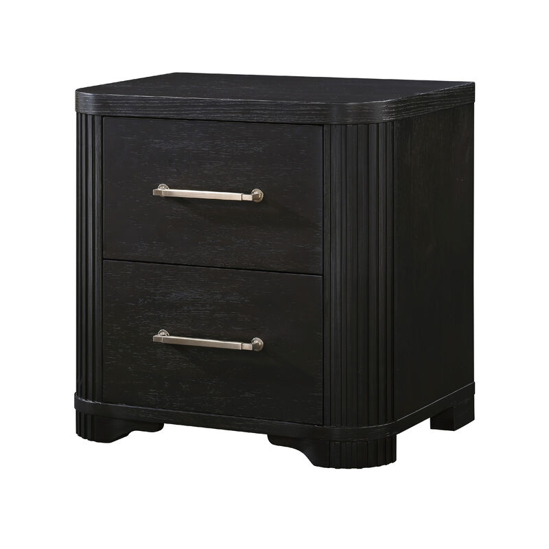 Chas Nightstand, 2 Drawers Brass Bar Handles, Charcoal Black Wood - Benzara