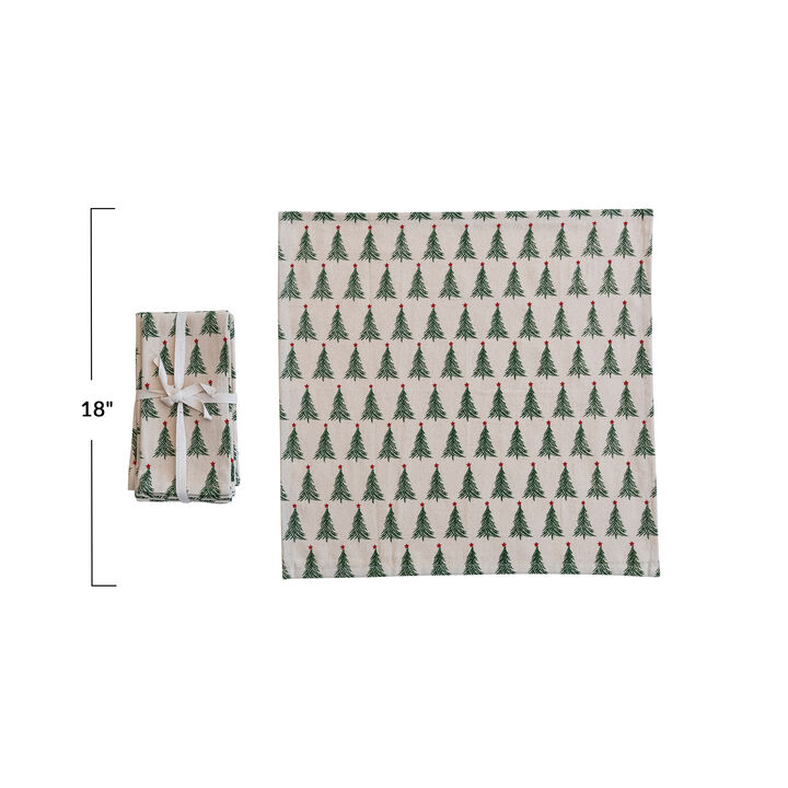 Stonewashed Cotton Napkins with Christmas Tree Print, Natural, Green and Red, Set of 4
