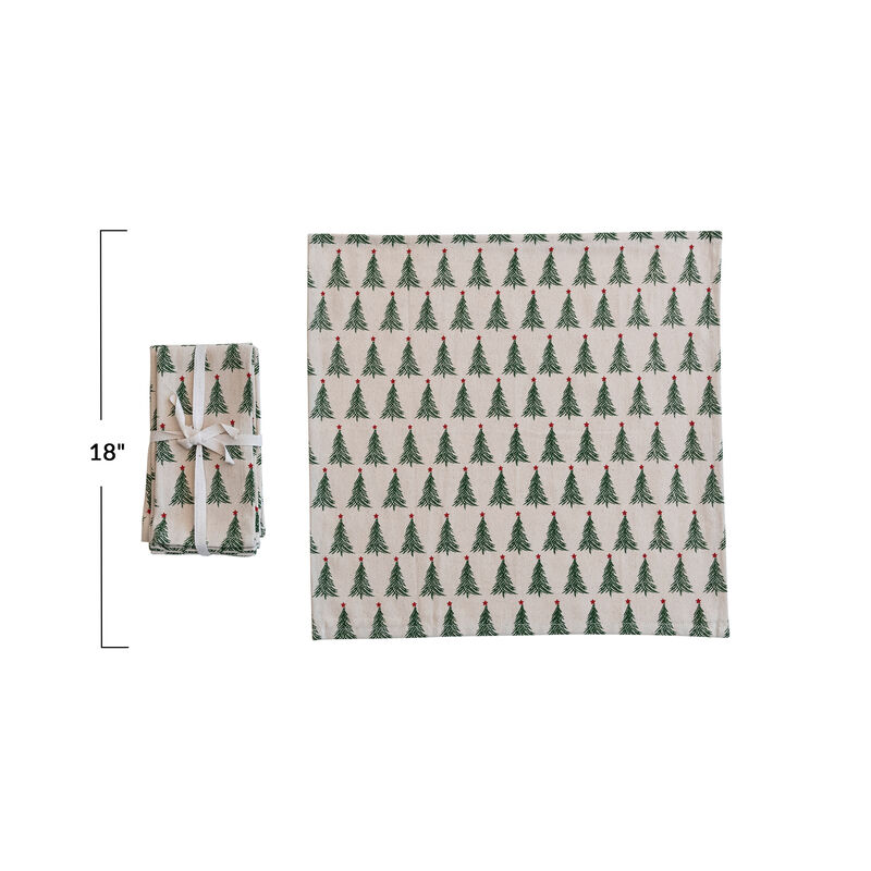 Stonewashed Cotton Napkins with Christmas Tree Print, Natural, Green and Red, Set of 4 image number 1