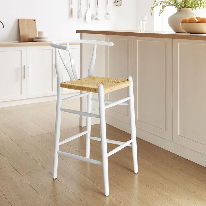 Modway Amish Wood Rope Bar Height Stool in White - 29 Inch Seat Height Mid Century Modern Retro Stool - Solid Elm Wood Pub Stool with Woven Seat and Open Back