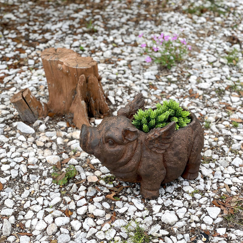 Flying Pig Planter 17" Brown, With Drain Hole, Rustic Indoor Outdoor Decor image number 8