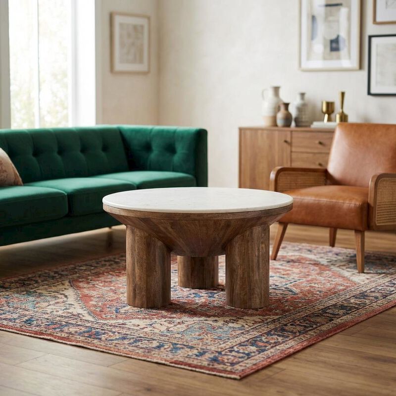 Wood Coffee Table with Marble Top, 33-Inch Round, Modern Design image number 3