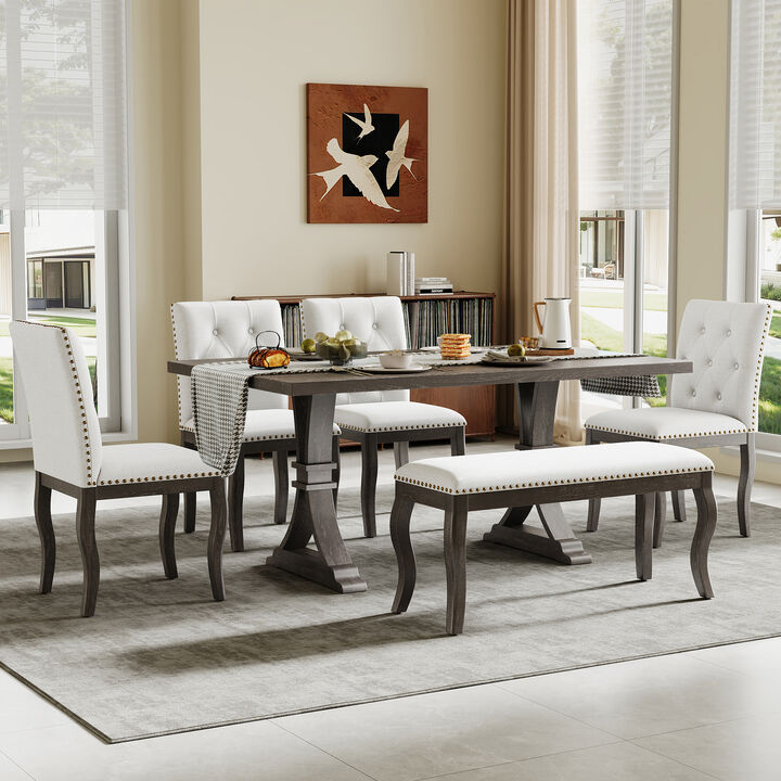 Whisen 6-Piece Dining Set with Bench, Farmhouse Natural Oak Table w/ 4 Upholstered Button Tufted Chairs, Solid Wood & MDF Kitchen Furniture