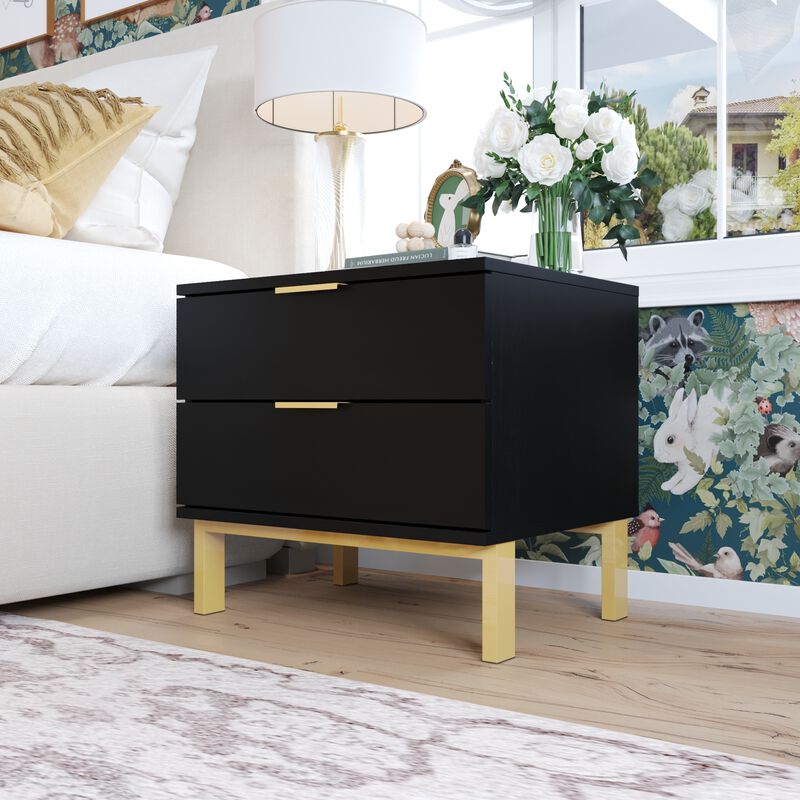 2-Drawer Black Wooden Nightstand Bedside Table With 4 Metal Legs 15.7 in. D x 19.7 in. W x 17.9 in. H