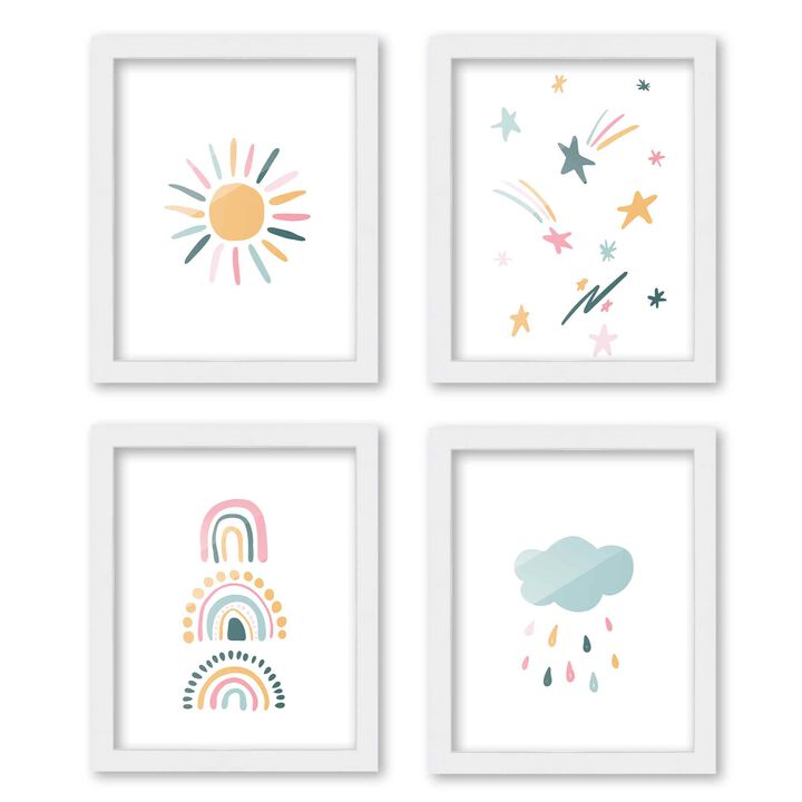 8x10 Framed Nursery Wall Art Set of 4 Hand Drawn Boho Sun Rainbow & Stars Prints in White Wood Frames