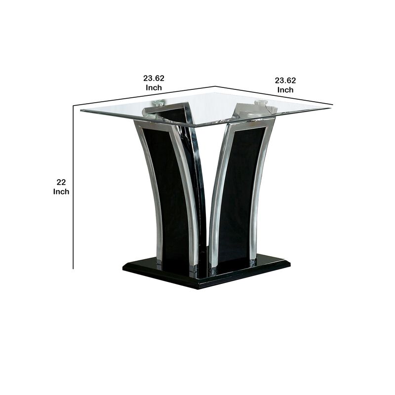 Chrome Trim Flared Base End Table with Glass Top, Black and Silver-Benzara