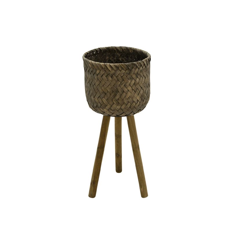 Basket Shape Bamboo Planters on Flared Wooden Stand, Rustic Brown, Set Of Two-Benzara